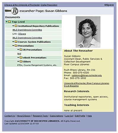 Screen shot showing a personalized researcher page